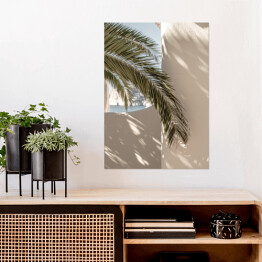 Plakat samoprzylepny Liść palmowy piękne cienie na ścianie. Kreatywna, minimalna, jasna i zwiewna koncepcja stylizowana.