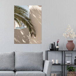 Plakat Liść palmowy piękne cienie na ścianie. Kreatywna, minimalna, jasna i zwiewna koncepcja stylizowana.
