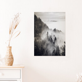 Plakat Skandynawski las we mgle monochrom. Czarno biały krajobraz