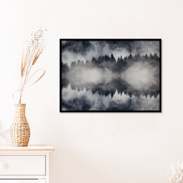 Plakat w ramie Piękny mglisty las w ujęciu monochromatycznym