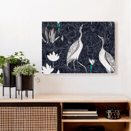 Obraz na płótnie Wzór w stylu orientalnym z ptakami i roślinami na jeziorze