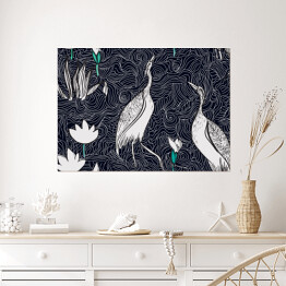 Plakat Wzór w stylu orientalnym z ptakami i roślinami na jeziorze