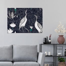 Plakat Wzór w stylu orientalnym z ptakami i roślinami na jeziorze