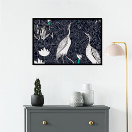Plakat w ramie Wzór w stylu orientalnym z ptakami i roślinami na jeziorze