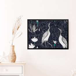 Obraz w ramie Wzór w stylu orientalnym z ptakami i roślinami na jeziorze