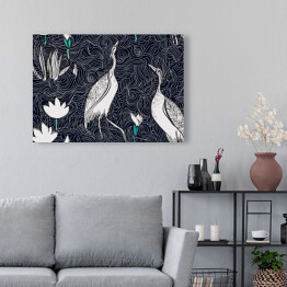  Wzór w stylu orientalnym z ptakami i roślinami na jeziorze