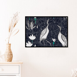 Plakat w ramie Wzór w stylu orientalnym z ptakami i roślinami na jeziorze