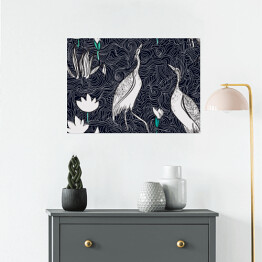 Plakat samoprzylepny Wzór w stylu orientalnym z ptakami i roślinami na jeziorze