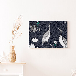 Obraz na płótnie Wzór w stylu orientalnym z ptakami i roślinami na jeziorze