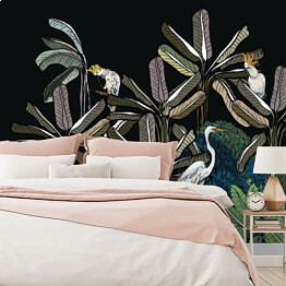 Fototapeta winylowa zmywalna Night Palms w Rainforest Backdrop, egzotyczne ptaki w Tropical Planys Midnight Wallpaper Design, Panorama View Jungle Wildlife, Ręcznie rysowane Tropics Illustration