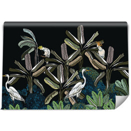 Fototapeta winylowa zmywalna Night Palms w Rainforest Backdrop, egzotyczne ptaki w Tropical Planys Midnight Wallpaper Design, Panorama View Jungle Wildlife, Ręcznie rysowane Tropics Illustration
