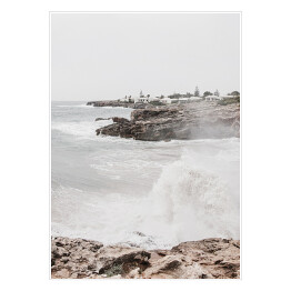 Plakat samoprzylepny Nadmorska wioska skały fale oceaniczne burza. Kreatywny, minimalny, jasny i przewiewny stylizowany koncept.