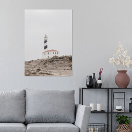 Plakat samoprzylepny Latarnia morska na skałach. Kreatywny, minimalny, jasny i przewiewny stylizowany koncept.