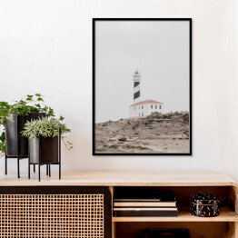 Plakat w ramie Latarnia morska na skałach. Kreatywny, minimalny, jasny i przewiewny stylizowany koncept.