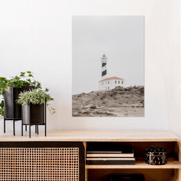 Plakat samoprzylepny Latarnia morska na skałach. Kreatywny, minimalny, jasny i przewiewny stylizowany koncept.