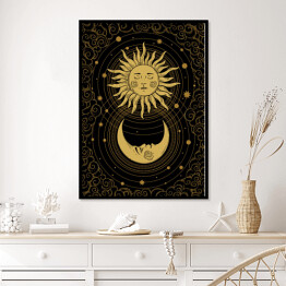 Plakat w ramie Słońce i księżyc. Ilustracja na ciemnym tle nawiązująca do mistycyzmu