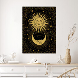 Plakat samoprzylepny Słońce i księżyc. Ilustracja na ciemnym tle nawiązująca do mistycyzmu