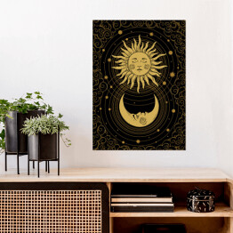 Plakat samoprzylepny Słońce i księżyc. Ilustracja na ciemnym tle nawiązująca do mistycyzmu