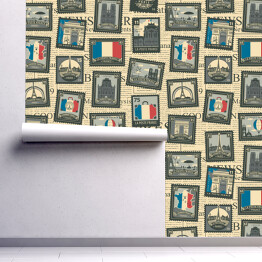 Tapeta w rolce Wektorowy spójny wzór ze znaczkami pocztowymi na temat Francji i Paryża w stylu retro. Francuskie punkty orientacyjne, mapa i flaga na tle strony starej gazety. Tapeta, papier pakowy, tkanina