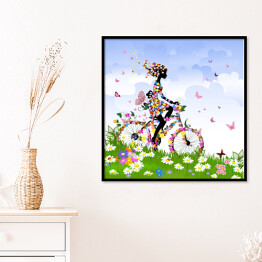 Plakat w ramie Dziewczyna na rowerze na łące latem
