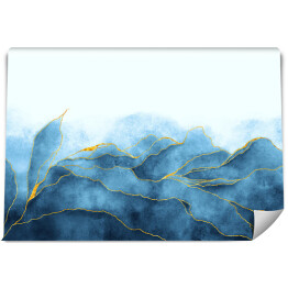 Fototapeta samoprzylepna Akwarelowe niebieskie liście ze zdobieniami w złotym kolorze
