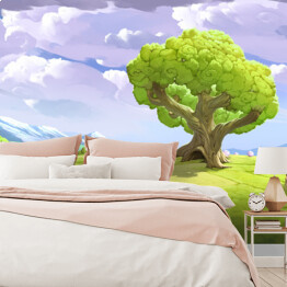 Fototapeta Drzewo na wzgórzu na tle górskiego krajobrazu wiosną - ilustracja do pokoju dziecka