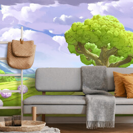 Fototapeta winylowa zmywalna Drzewo na wzgórzu na tle górskiego krajobrazu wiosną - ilustracja do pokoju dziecka