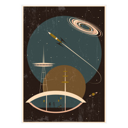 Plakat Retro przyszłość kosmiczna ilustracja, Mid Century nowoczesny Art Style, rakiety kosmiczne, galaktyka, gwiazdy, Vintage Colors, Grunge Texture Pattern