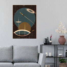Plakat Retro przyszłość kosmiczna ilustracja, Mid Century nowoczesny Art Style, rakiety kosmiczne, galaktyka, gwiazdy, Vintage Colors, Grunge Texture Pattern