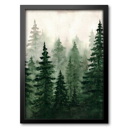 Obraz w ramie Butelkowa zieleń natury. Akwarela skandynawski las we mgle