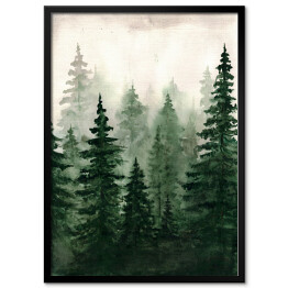 Plakat w ramie Butelkowa zieleń natury. Akwarela skandynawski las we mgle