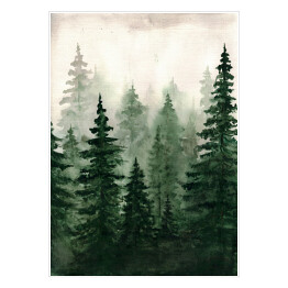 Plakat Butelkowa zieleń natury. Akwarela skandynawski las we mgle