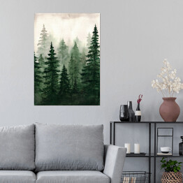 Plakat samoprzylepny Butelkowa zieleń natury. Akwarela skandynawski las we mgle