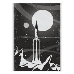 Plakat Retro Future Fantastic Movie Poster Style, Space Rocket, Alien Landscape, Moon, Stars. Monochromatyczny paleta, Grunge ramka tekstury