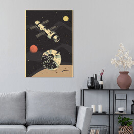 Plakat Retro Space Propaganda Poster Stylizacja, Radziecki i amerykański Retro statki kosmiczne Ilustracja