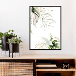 Plakat w ramie Akwarela - tropikalne kwiaty w jasnych, zielonych i złotych kolorach