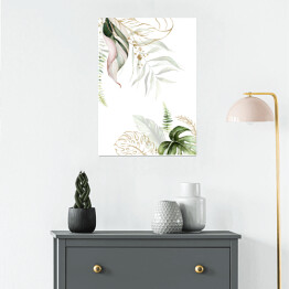 Plakat Akwarela - tropikalne kwiaty w jasnych, zielonych i złotych kolorach