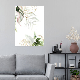Plakat Akwarela - tropikalne kwiaty w jasnych, zielonych i złotych kolorach