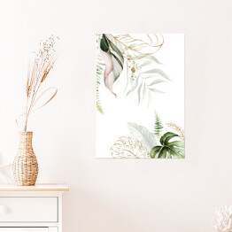 Plakat samoprzylepny Akwarela - tropikalne kwiaty w jasnych, zielonych i złotych kolorach
