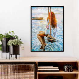 Plakat w ramie Kobieta na huśtawce na oceanie. Malarstwo