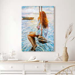  Kobieta na huśtawce na oceanie. Malarstwo