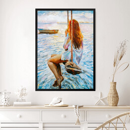 Obraz w ramie Kobieta na huśtawce na oceanie. Malarstwo
