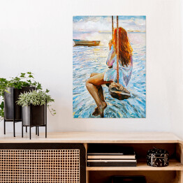 Plakat samoprzylepny Kobieta na huśtawce na oceanie. Malarstwo
