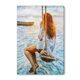 Obraz na płótnie Kobieta na huśtawce na oceanie. Malarstwo