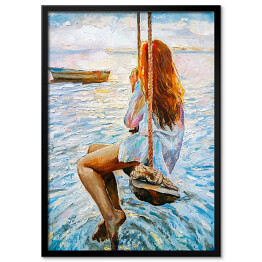 Plakat w ramie Kobieta na huśtawce na oceanie. Malarstwo