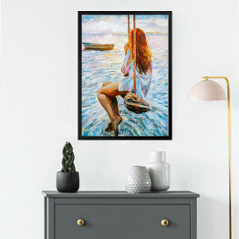 Obraz w ramie Kobieta na huśtawce na oceanie. Malarstwo