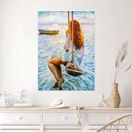 Plakat samoprzylepny Kobieta na huśtawce na oceanie. Malarstwo