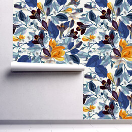 Tapeta samoprzylepna w rolce Malowane pomarańczowe i bordowe kwiaty z niebieskimi liśćmi - akwarela