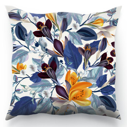 Poduszka Malowane pomarańczowe i bordowe kwiaty z niebieskimi liśćmi - akwarela