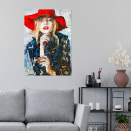 Plakat samoprzylepny Portret młodej kobiety w czerwonym kapeluszu